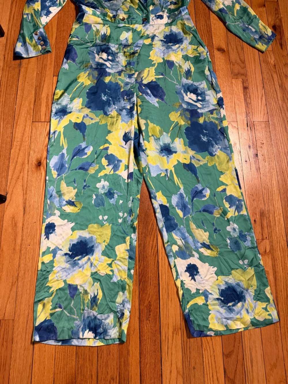 Zara Green Floral Jumpsuit long sleeve straight palazzo marble vibrant XL - Picture 4 of 9